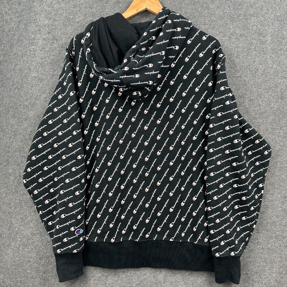 Champion Jumper Mens Large All Over Print Reverse Weave Hoodie Pullover Black - Picture 7 of 11